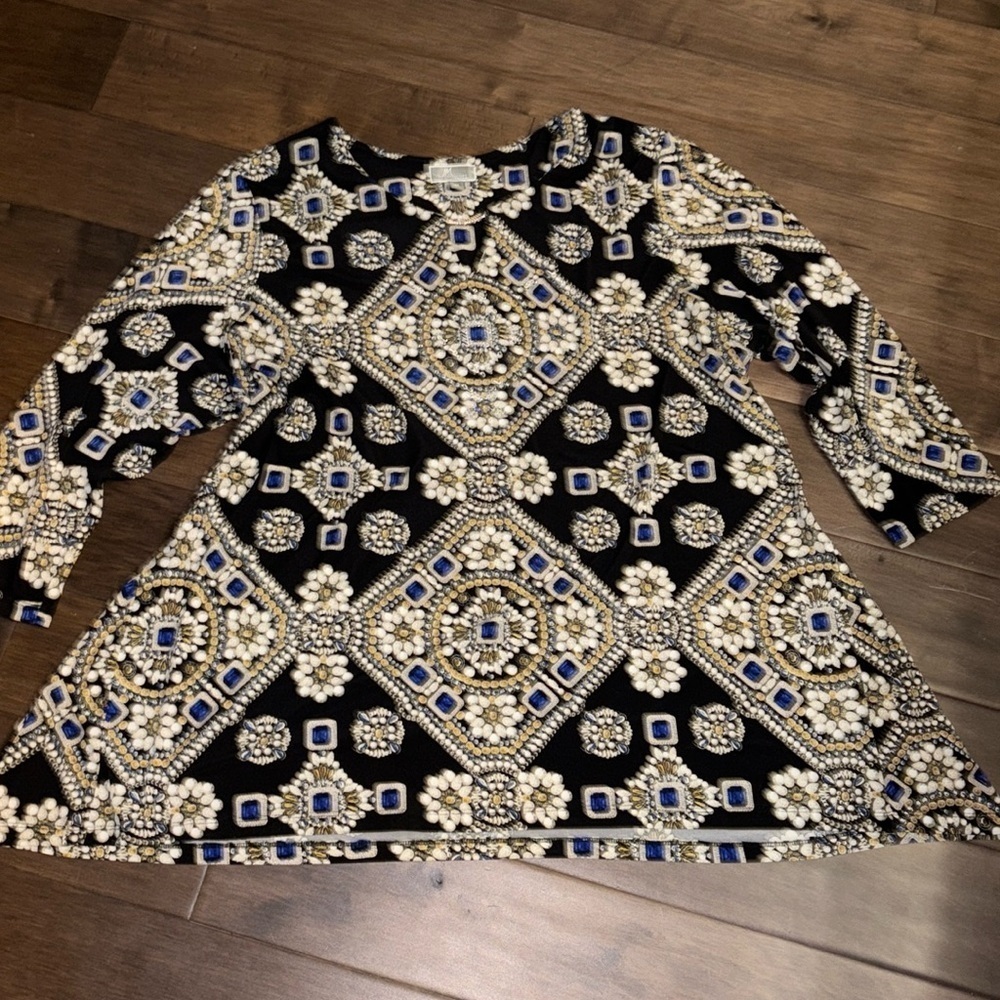 JM Collection Women Top Sz 3X Black Tan Royal blue Gem Print Keyhole Blouse
